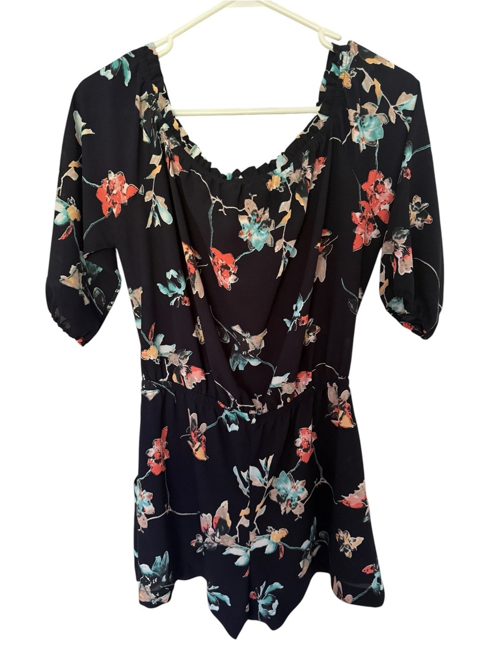 Veronica M Navy Blue Floral Off-Shoulder Shorts Romper Women XS